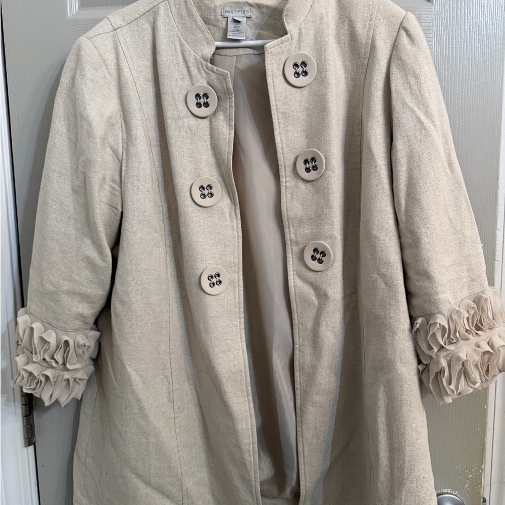 Stunning linen Multiples Beige Ruffle-Cuff Coat Jacket